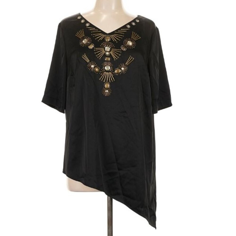 St John L Black Satin Hand Beaded Jeweled Asymmetrical Tunic Top Silk Lined